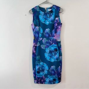 Calvin Klein Teal Purple Floral Scuba Knit Sleeveless Sheath Dress Size 4